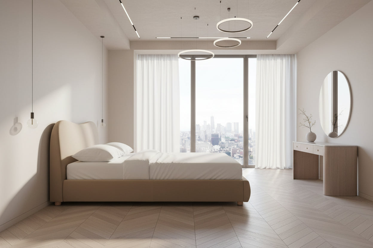 Cloud Boucle and Velvet upholstered bed - On Wood Products