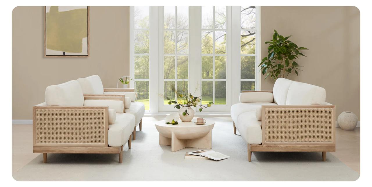 Ahela solid wood Cane Upholstered Sofa