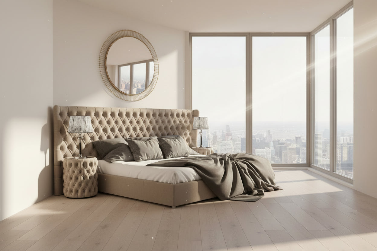 Button Upholstered Italian Bed with Extended Headboard - On Wood Products