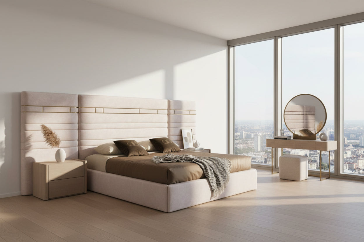 Luxury Designer Italian Bed With Wide Headboard - On Wood Products