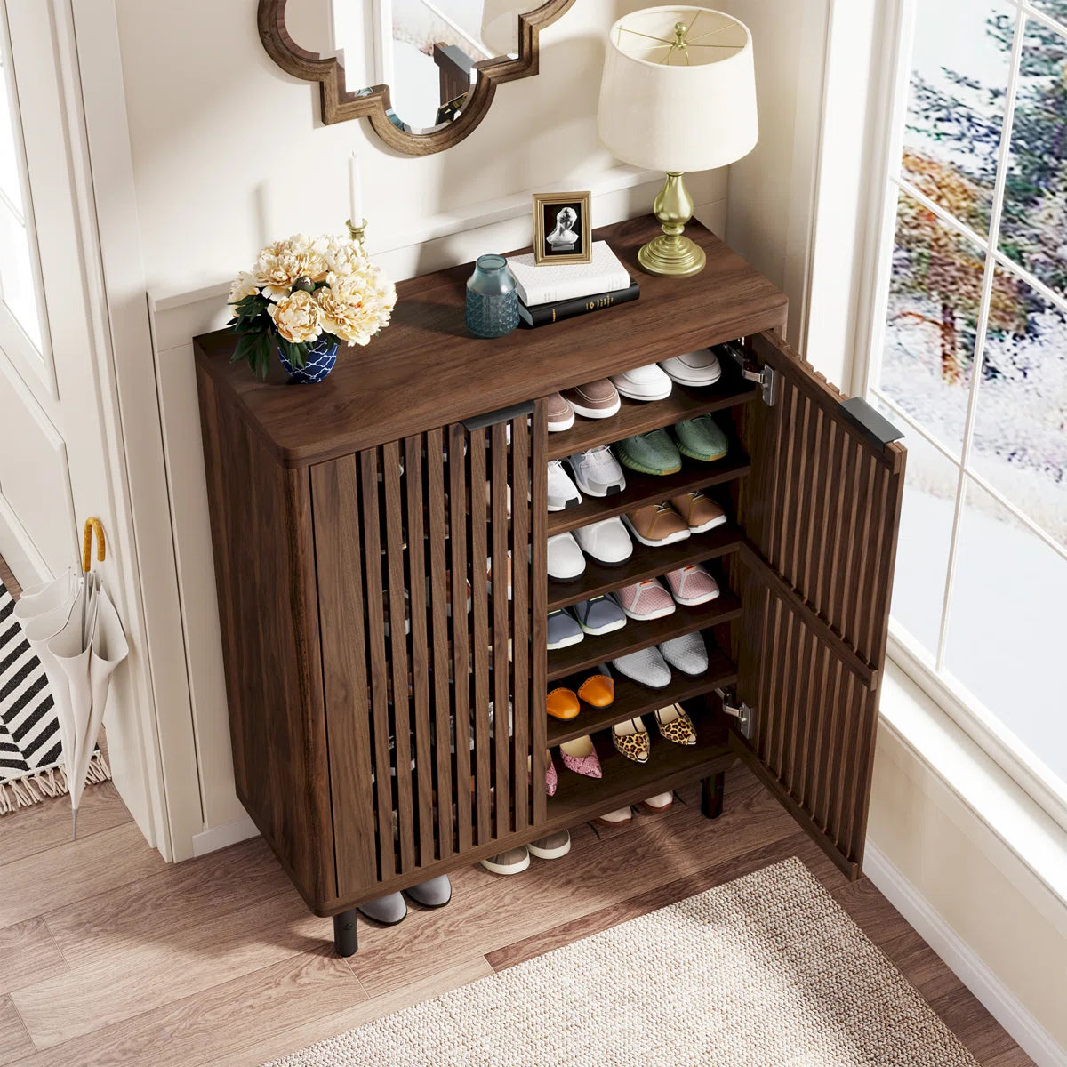 Flutted Design Wooden Shoe Rack