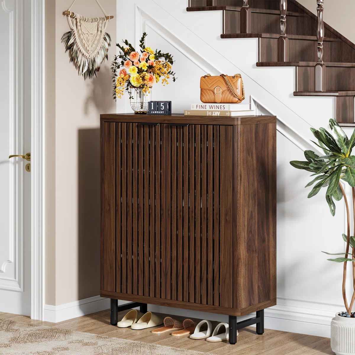 Flutted Design Wooden Shoe Rack