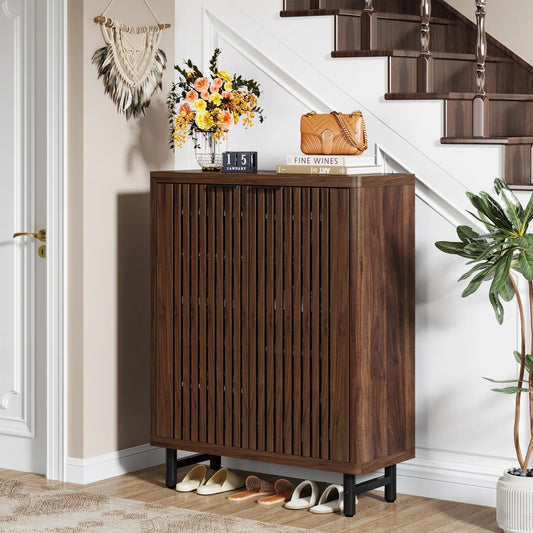 Flutted Design Wooden Shoe Rack