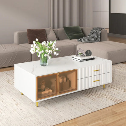 Trilenars Modern Coffee Table With 2 Glass Doors And 4 Drawers, Rectangular Coffee