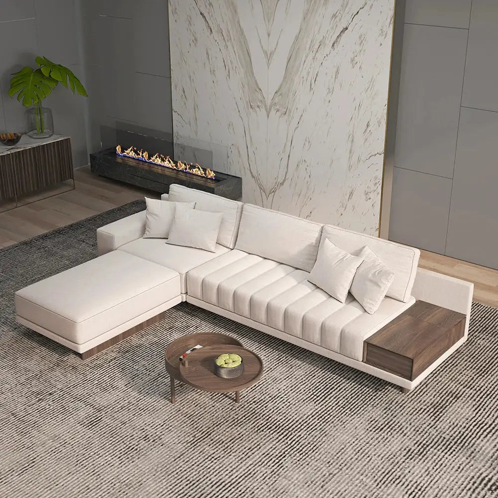 Cream L shape Sofa with Wooden Storage 