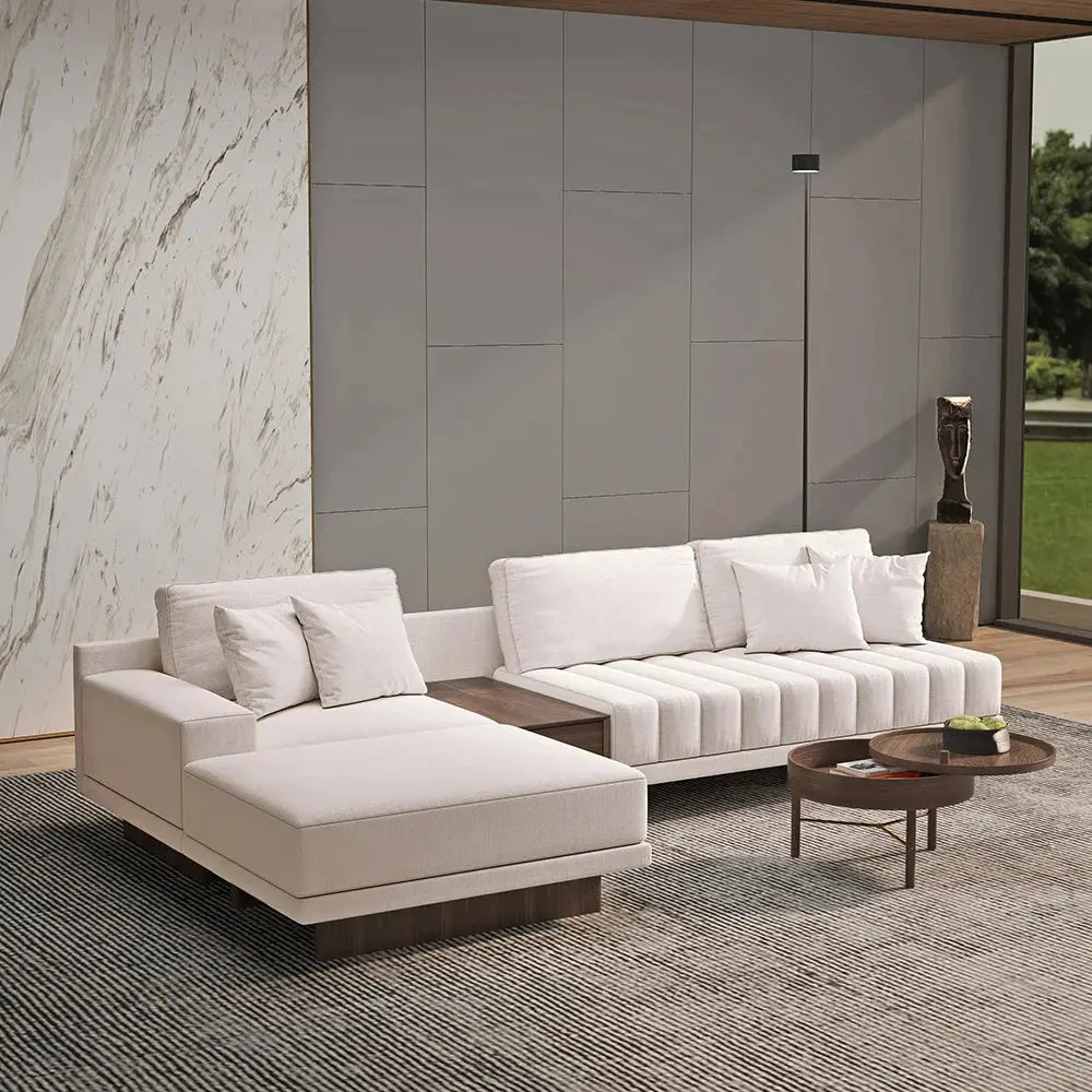 Cream L shape Sofa with Wooden Storage 