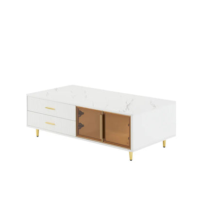 Trilenars Modern Coffee Table With 2 Glass Doors And 4 Drawers, Rectangular Coffee