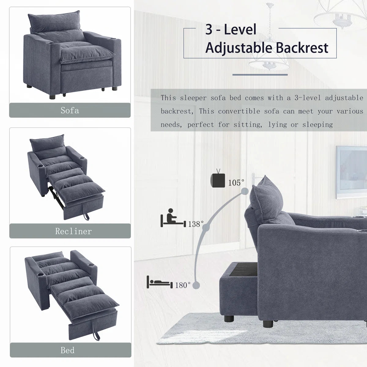 Convertible Sofa Cum Bed in Suede