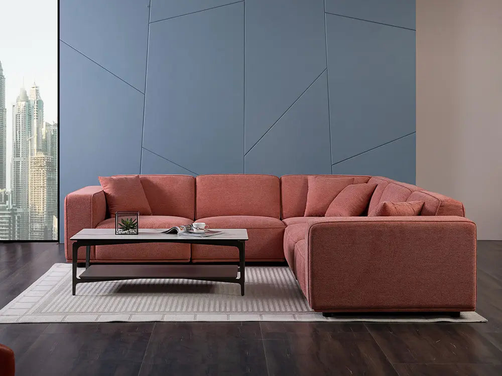 Pink Plush Contemporary L-Shaped Sectional Sofa - On Wood Products