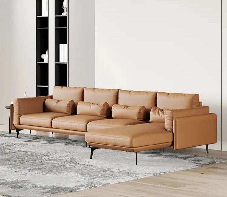 Tan Leather Luxury L-Shape Sectional Sofa - On Wood Products