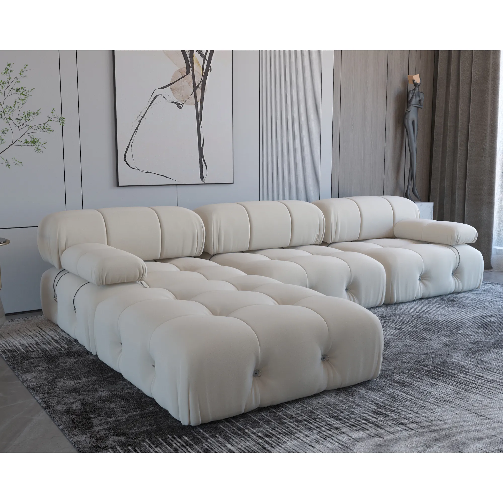 Beige Luxurious Curved L-Shaped Sectional Sofa - On Wood Products