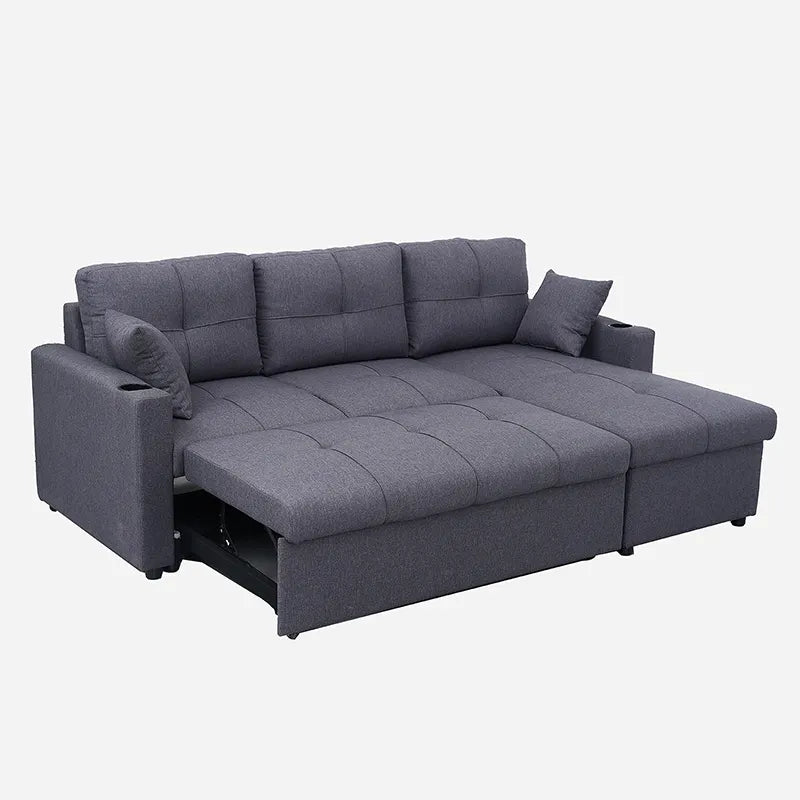 L Shape Dark Gray Sofa Cum Bed - On Wood Products