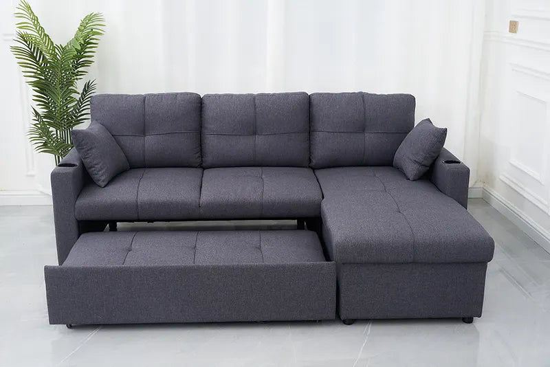 L Shape Dark Gray Sofa Cum Bed - On Wood Products