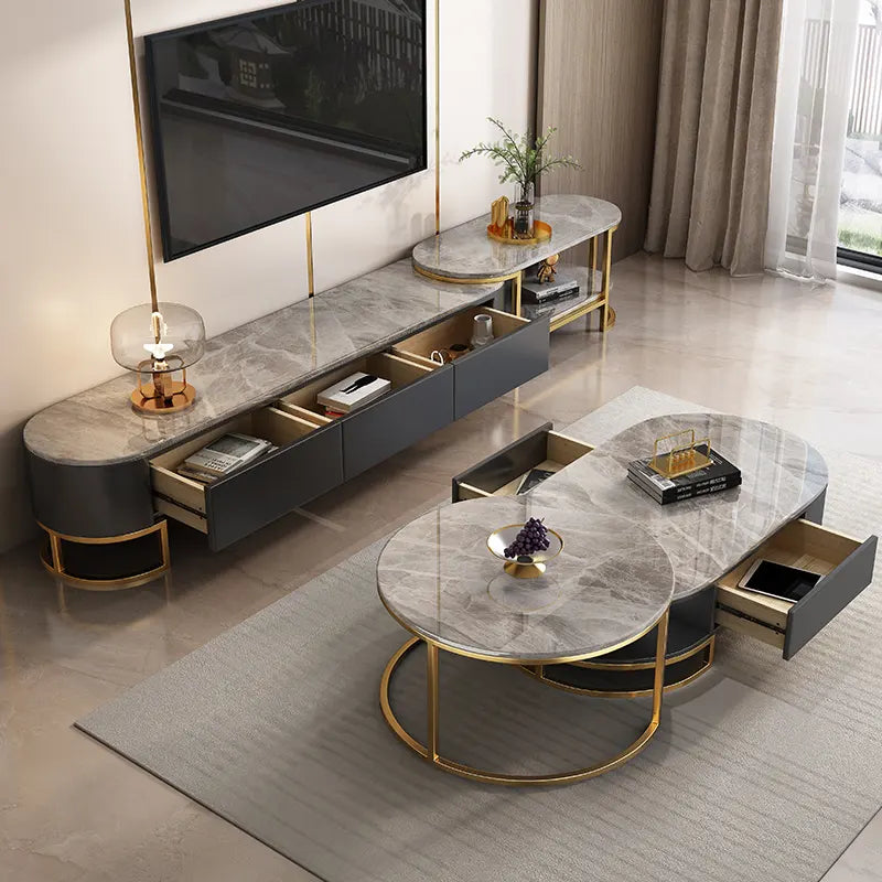 Modern TV Stand Set & Coffee Table Set With Marble Top – On Wood Products