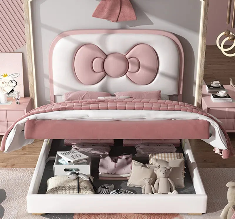 Bow Ribbon Kids Upholstered Bed - On Wood Products