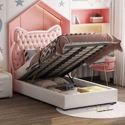 Princess bed pink in leatherette. - On Wood Products