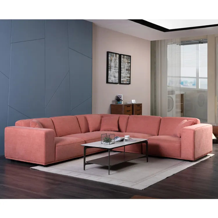 Pink Plush Contemporary L-Shaped Sectional Sofa - On Wood Products