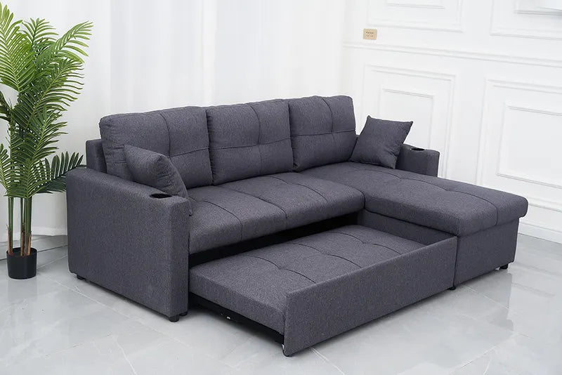 L Shape Dark Gray Sofa Cum Bed - On Wood Products