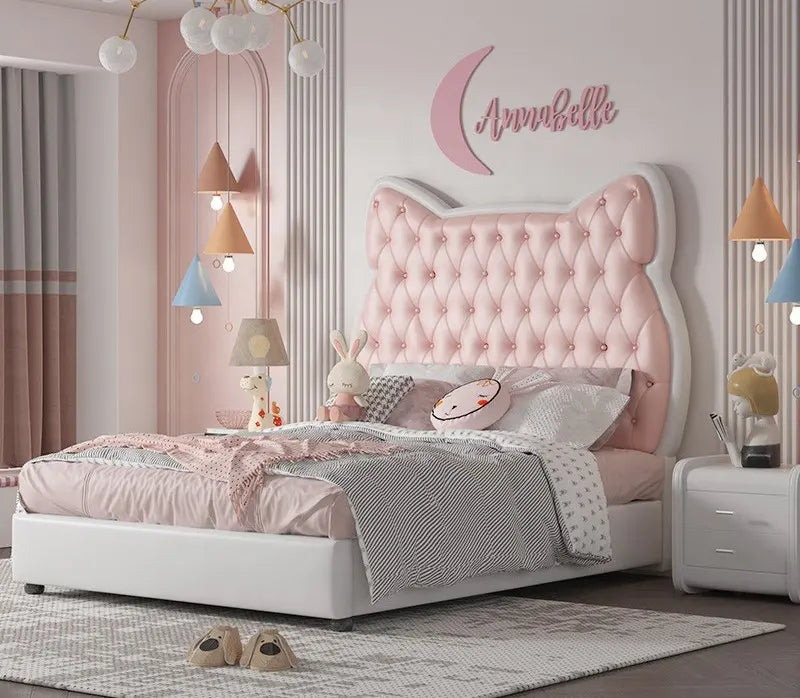 Princess bed pink in leatherette. - On Wood Products