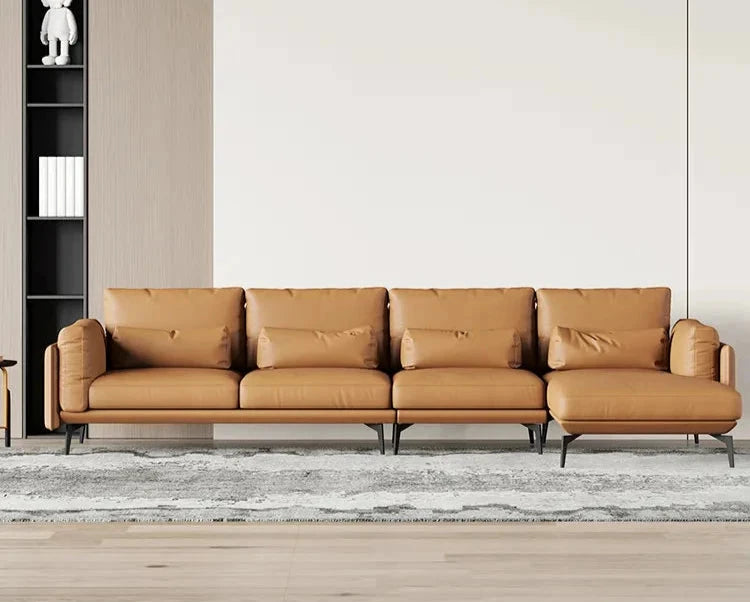 Tan Leather Luxury L-Shape Sectional Sofa - On Wood Products