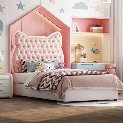 Princess bed pink in leatherette. - On Wood Products