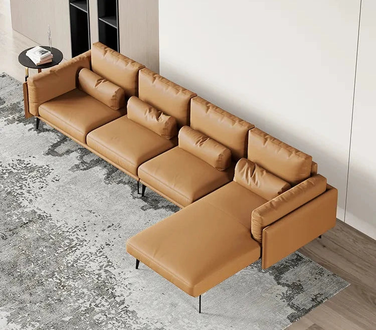 Tan Leather Luxury L-Shape Sectional Sofa - On Wood Products