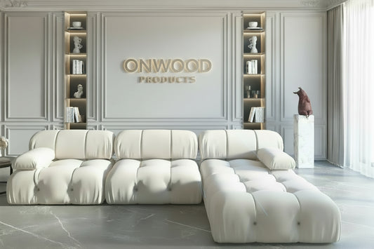 Beige Luxurious Curved L-Shaped Sectional Sofa - On Wood Products