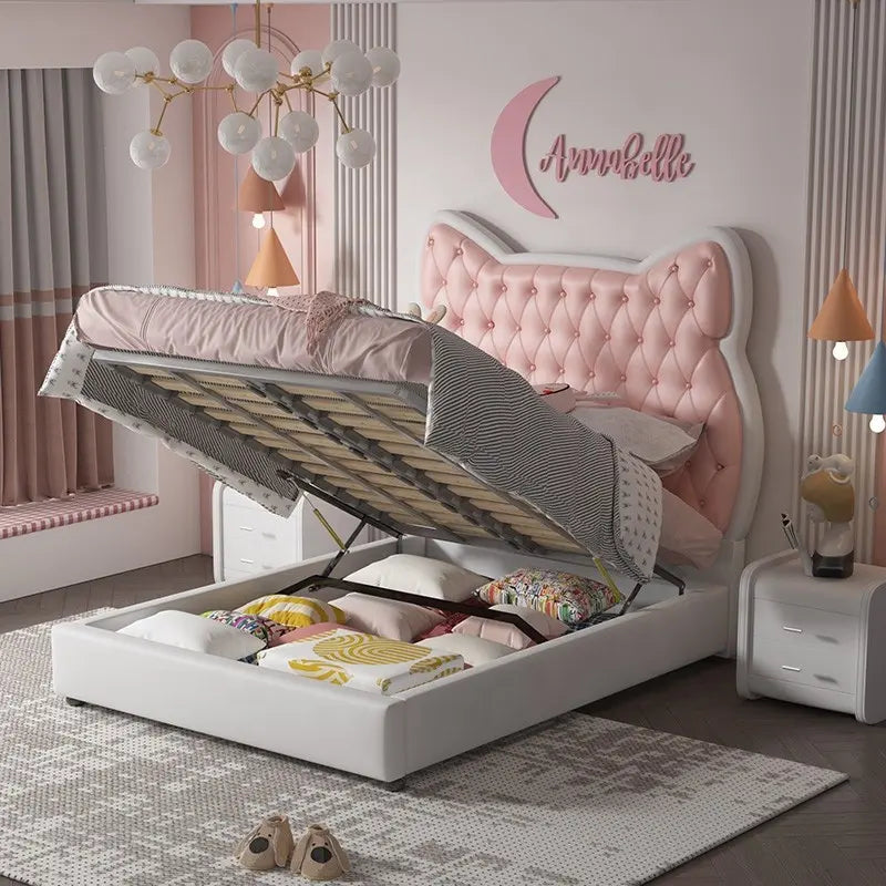 Princess bed pink in leatherette. - On Wood Products