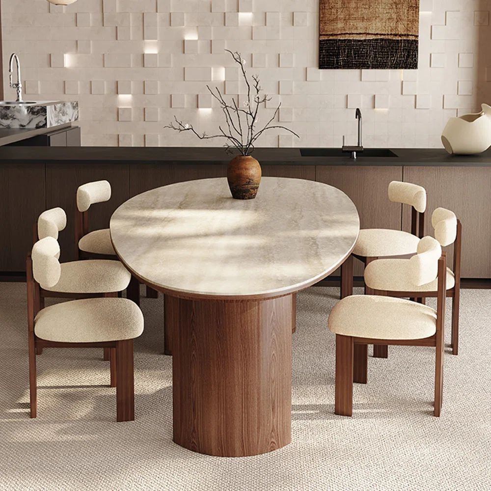 Rich Natural Wood Ovle Shape Dining Set With Marble Top