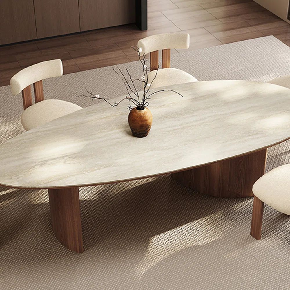 Rich Natural Wood Ovle Shape Dining Set With Marble Top