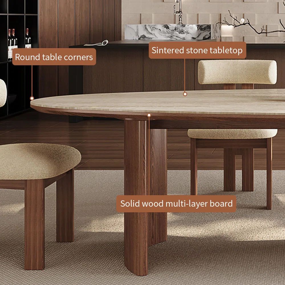 Rich Natural Wood Ovle Shape Dining Set With Marble Top