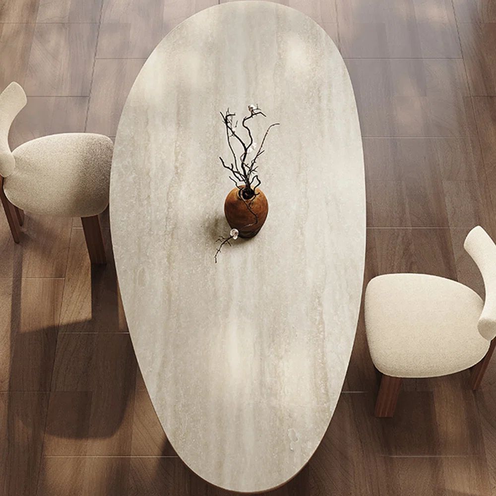 Rich Natural Wood Ovle Shape Dining Set With Marble Top