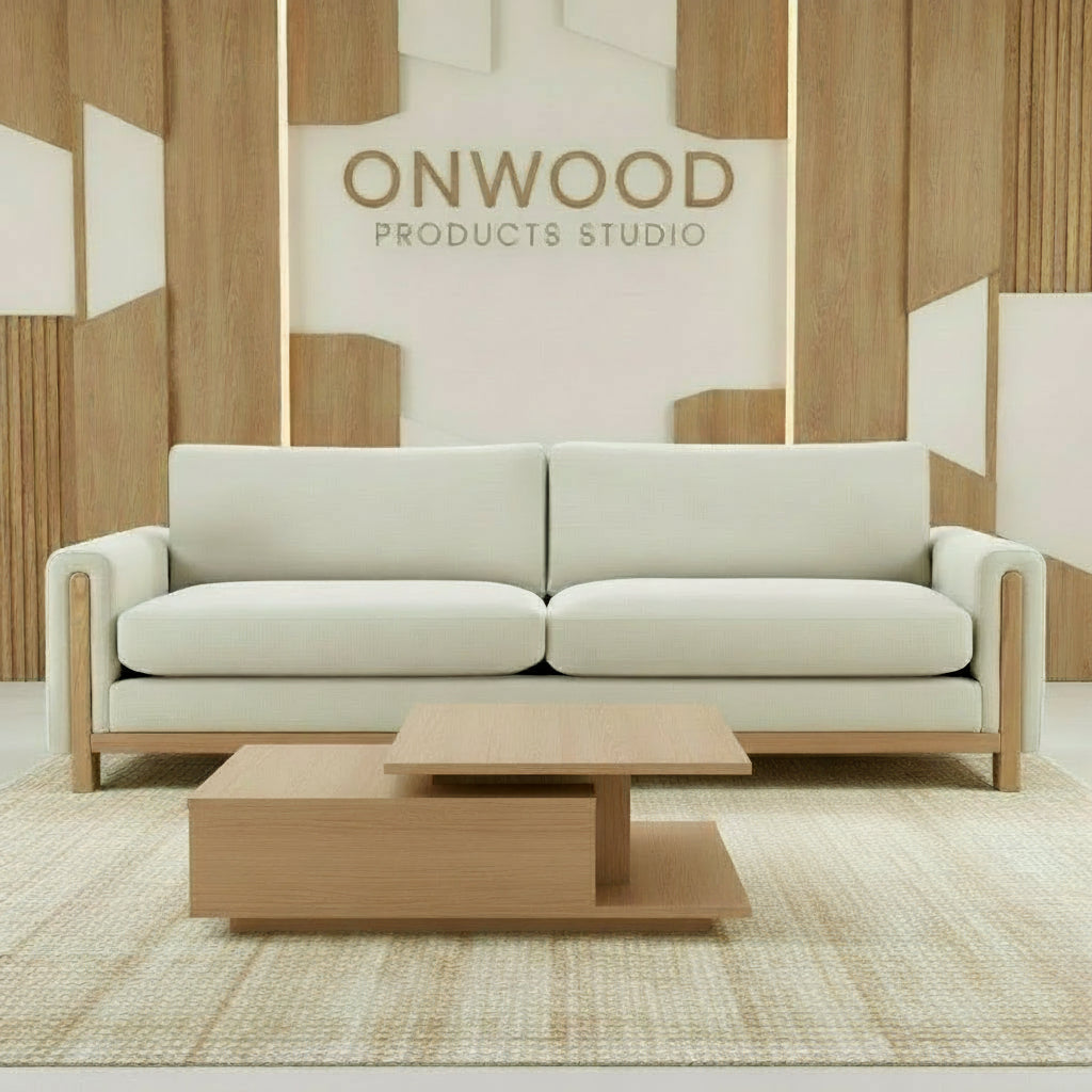 Modern living room with a Same colour sofa and wooden coffee table, featuring the 'Onwood Products' logo.