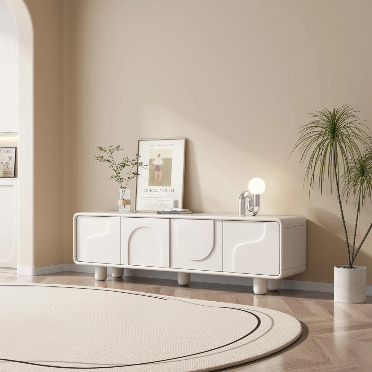 Modern TV Cabinet in White PU Polish