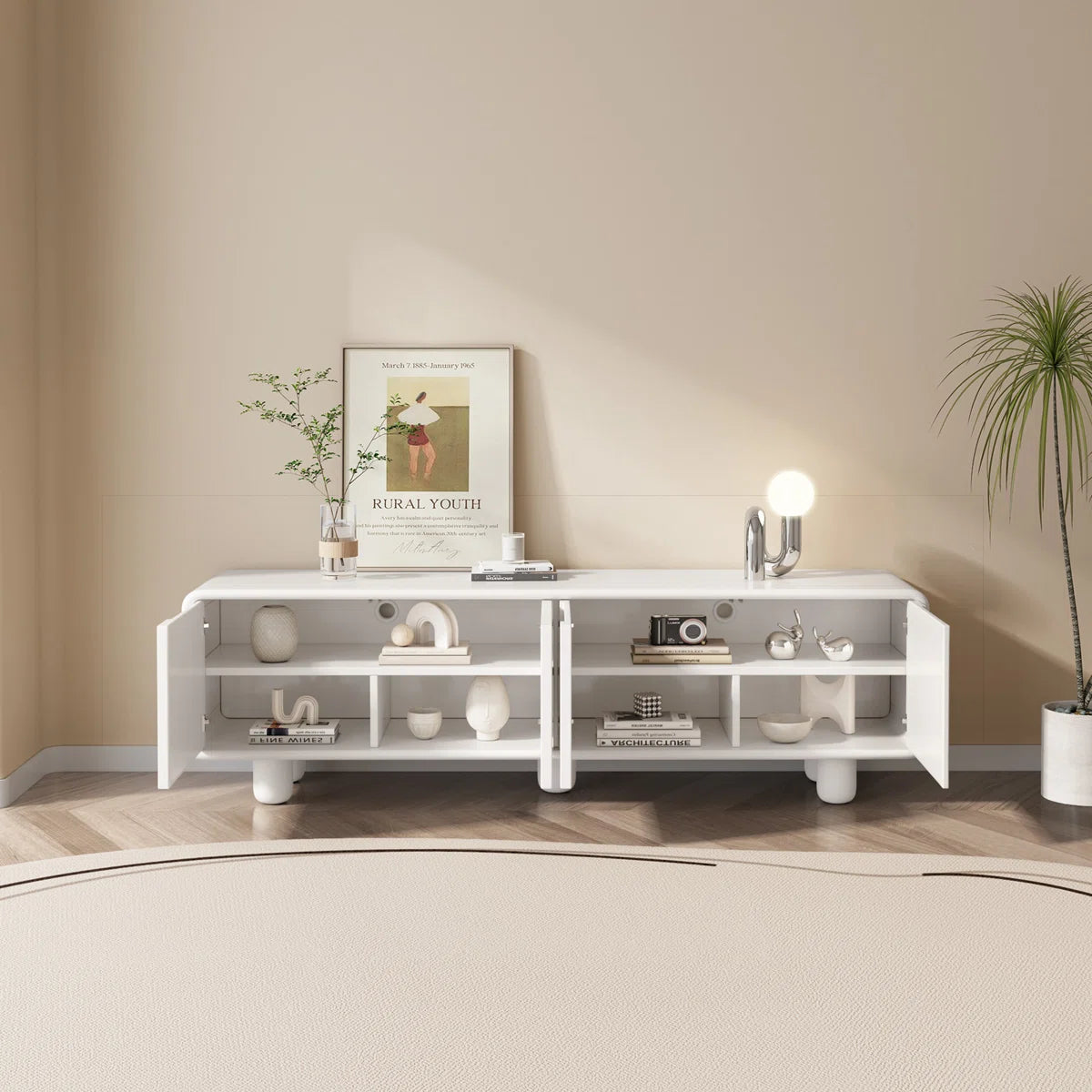 Modern TV Cabinet in White PU Polish