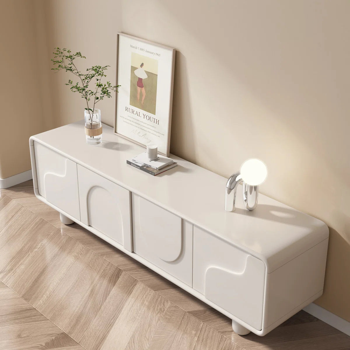 Modern TV Cabinet in White PU Polish