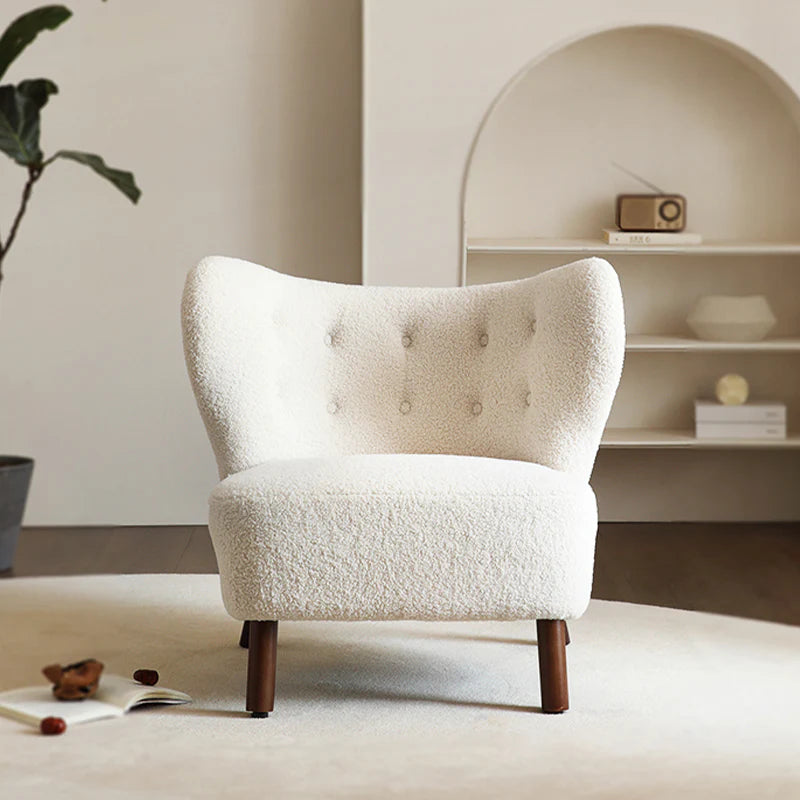 White Lamb Wool Accent Chair in Wooden Frame