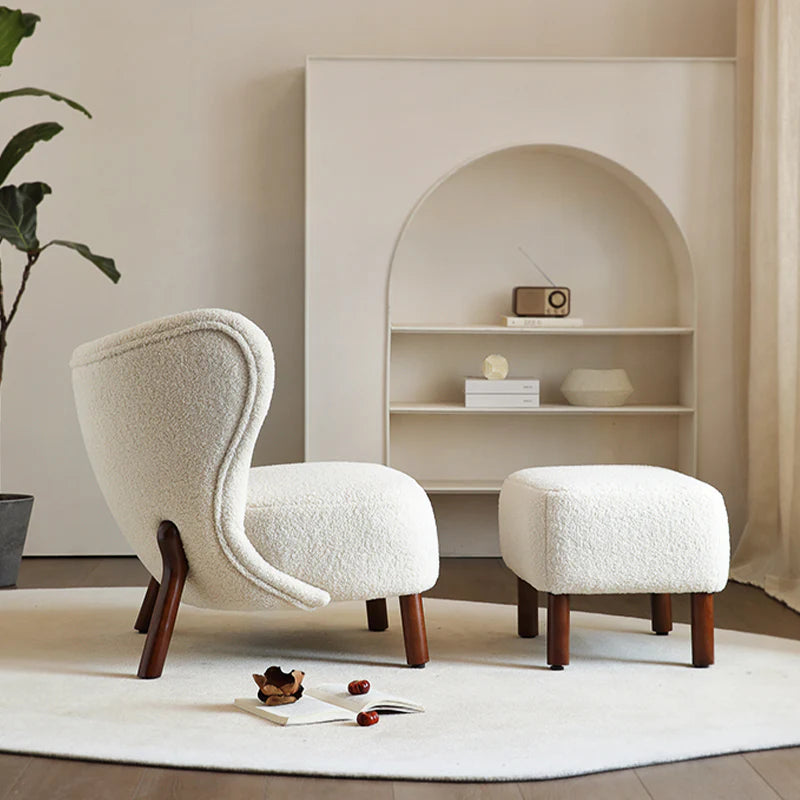 White Lamb Wool Accent Chair in Wooden Frame