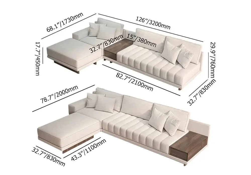 Cream L shape Sofa with Wooden Storage 