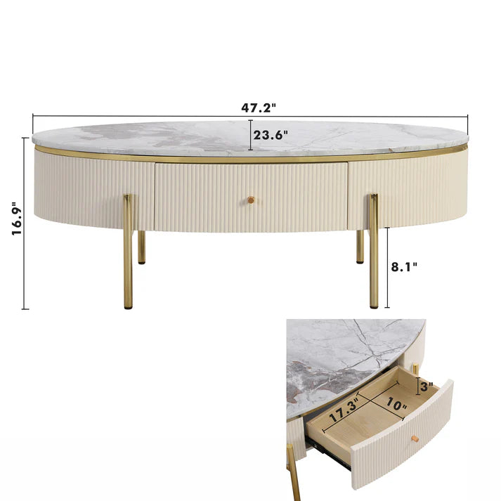 Modern Oval Coffee Table Center Cocktail Table Side End Table with 2 Drawer - On Wood Products