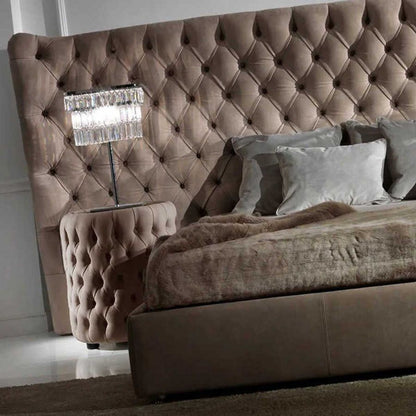 Button Upholstered Italian Bed with Extended Headboard - On Wood Products