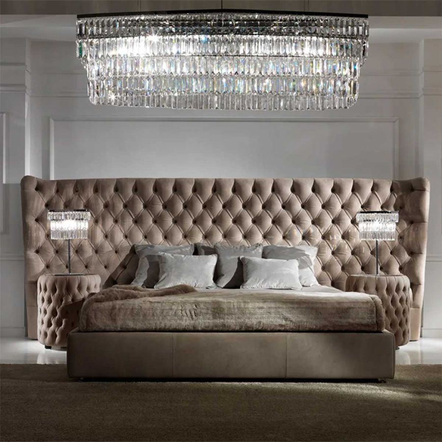 Button Upholstered Italian Bed with Extended Headboard - On Wood Products