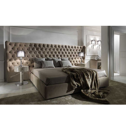 Button Upholstered Italian Bed with Extended Headboard - On Wood Products