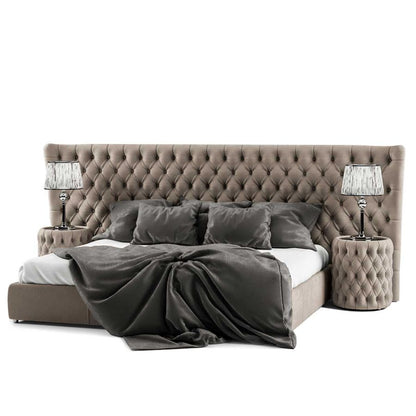 Button Upholstered Italian Bed with Extended Headboard - On Wood Products