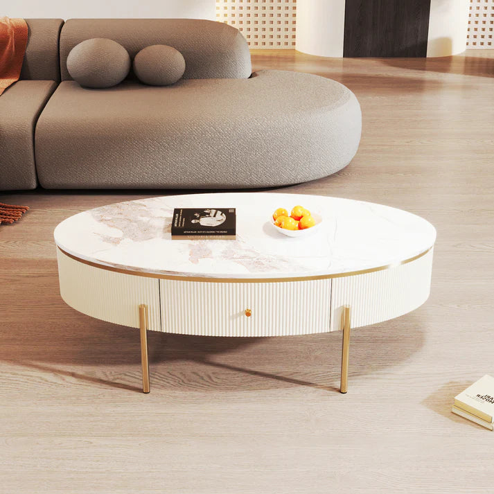 Modern Oval Coffee Table Center Cocktail Table Side End Table with 2 Drawer - On Wood Products