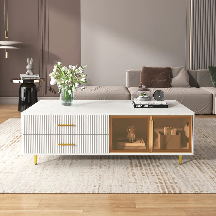 Trilenars Modern Coffee Table With 2 Glass Doors And 4 Drawers, Rectangular Coffee