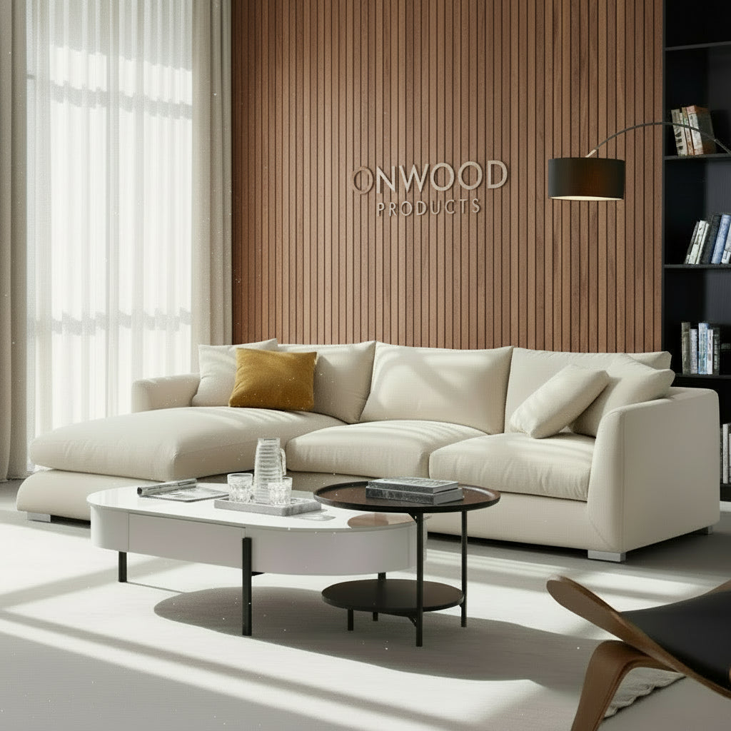 Ivory Minimalist Cozy L-Shaped Sectional Sofa - On Wood Products