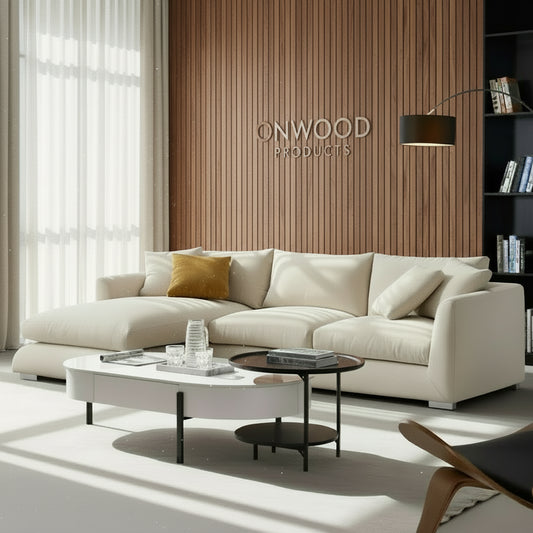 Ivory Minimalist Cozy L-Shaped Sectional Sofa - On Wood Products
